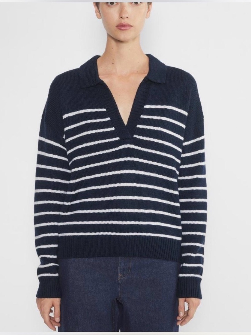 Wilfred Navy and White Striped V-Neck Polo Sweater large